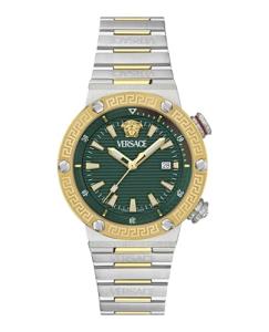 Versace Greca Logo Diver Collection Luxury Mens Watch Timepieces with a Two Tone Bracelet and Case Featuring a Green Dial