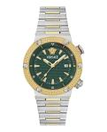 Versace Greca Logo Diver Collection Luxury Mens Watch Timepieces with a Two Tone Bracelet and Case Featuring a Green Dial