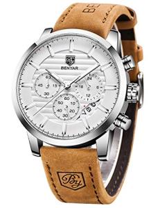 BENYAR Quartz Chronograph Waterproof Watches Business and Sport Design Leather Band Strap Wrist Watch for Men (Brown Silver White)