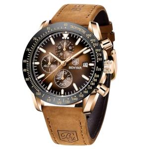 BY BENYAR Mens Watches Analog Quartz Chronograph Waterproof Luminous Watch for Men Business Work Sport Casual Brown Leather Band Dress Men's Wrist Watches Elegant Gifts for Men