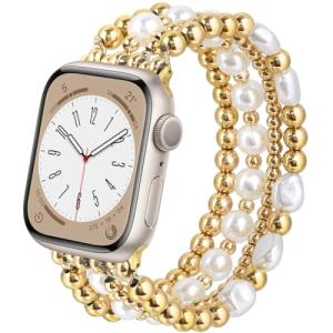 AIRSPO Gold Beaded Bracelets Compatible for Apple Watch Band 38mm 40mm 41mm 42mm 44mm 45mm Women, Fashion Handmade Dressy iPhone Watch Bands Elastic Strap for iWatch Series SE 8 7 6 5 4 3 2 1 (Gold, 38mm/40mm/41mm-S(5.3"-6.2"))