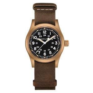 Hamilton Watch Khaki Field Mechanical Bronze | Swiss Made | 38mm Stainless Steel Case | Black Dial Analog Watch | Brown Leather NATO Strap (Model: H69459530)