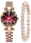 Women Watches with Bracelet Rose Gold for Lady Elegant Stainless Steel Strap Fashion Analog Creative Diamond Dial Wrist Watch (Red)