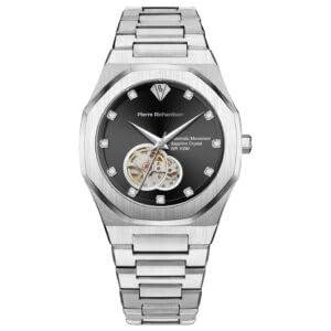 PIERRE RICHARDSON PR5921 Men’s Watch – Black Dial, Silver Stainless Steel, Automatic, Sapphire, 41mm, 10ATM, Studded Watch