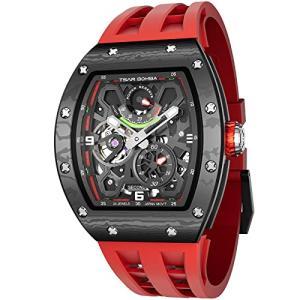 TSAR BOMBA Luxury Automatic Watches for Men - Carbon Fiber - Power Reserve Indicate - Japanese Movement Sapphire Glass - 50M Waterproof Men's Wrist Watch TB8212 Red