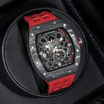 TSAR BOMBA Luxury Automatic Watches for Men - Carbon Fiber - Power Reserve Indicate - Japanese Movement Sapphire Glass - 50M Waterproof Men's Wrist Watch TB8212 Red