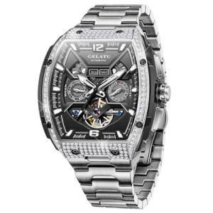 OLEVS Men Automatic Watch Diamond Skeleton Mechanical Original Luxury Self Winding Moon Phase Calendar Waterproof Wrist Watch for Men