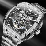 OLEVS Men Automatic Watch Diamond Skeleton Mechanical Original Luxury Self Winding Moon Phase Calendar Waterproof Wrist Watch for Men