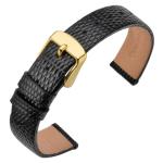 ANNEFIT Women's Leather Watch Band 12mm with Gold Buckle, Lizard Grain Slim Thin Replacement Strap (Black)