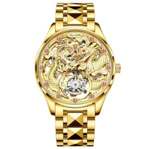 OUPINKE Mens Tourbillon Automatic Mechanical Watch with Dragon Skeleton Dial Luxury Dress Watches with Sapphire Crystal, Tungsten Steel Strap, Waterproof and Luminous