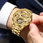 OUPINKE Mens Tourbillon Automatic Mechanical Watch with Dragon Skeleton Dial Luxury Dress Watches with Sapphire Crystal, Tungsten Steel Strap, Waterproof and Luminous