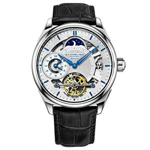 Stuhrling Mens Automatic Dress Watch Stainless Steel with Automatic Skeleton Mechanical Movement with Duel Time Sub-Dial and AM/PM Indicator and Adjustable Stainless Steel Link Bracelet (Silver)