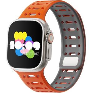 Magnetic silicone sport band for apple watch, compatible with ultra 1/2/3, series 11 10 9 8 7 6 5 4 SE, 49mm 46mm 45mm 44mm 42mm 41mm 40mm 38mm. Secure Fit,Polinoart Moose adjustable iWatch strap for men and women (Orange + Grey)