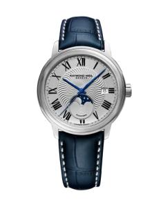 Raymond Weil Maestro Men's Automatic Watch, Silver Dial Roman Numerals, Moon Phase, Blue Leather Strap 39.5 mm (Model: 2239-STC-00659)
