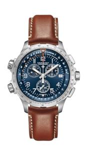 Hamilton Watch Khaki Aviation X-Wind GMT Swiss Chronograph Quartz Watch 46mm Case, Blue Dial, Brown Leather Strap (Model: H77922541)