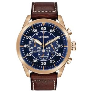 Citizen Men's Eco-Drive Chronograph Sport Casual Avion Watch, Rose Gold Stainless Steel with Brown Leather Strap, Blue Dial (Model: CA4213-18L)