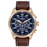 Citizen Men's Eco-Drive Chronograph Sport Casual Avion Watch, Rose Gold Stainless Steel with Brown Leather Strap, Blue Dial (Model: CA4213-18L)