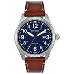 Citizen Men's Eco-Drive Weekender Garrison Field Watch in Stainless Steel with Brown Leather strap, Blue Dial (Model: BM6838-17L)
