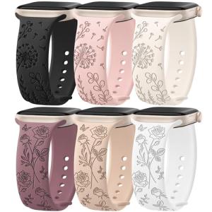 6 Pack Floral Engraved Silicone Bands Compatible for Apple Watch Band 38mm 40mm 41mm 42mm 44mm 45mm 46mm 49mm Women,Flower Sport Straps for iWatch Series 10 9 8 se Ultra 7 6 5 4 3 2