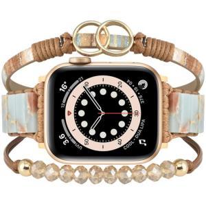 MOFREE Boho Leather Bracelet Compatible with Apple Watch Band for Women 42mm/44mm/45mm/49mm/46mm, Handmade Natural Stone Beaded Wrap Strap Bands for iWatch Series 11/10/9/8/7/6/5/4/3/2/1/SE Band Brown