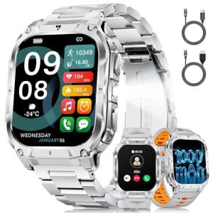 LIGE SMART 2.0" Military Smart Watch for Men with Flashlight, Make/Answer Calls, 1000mAh, IP68 Waterproof, 100+ Sport Modes Fitness Tracker for Workout Outdoor iOS Android Compatible, Silver