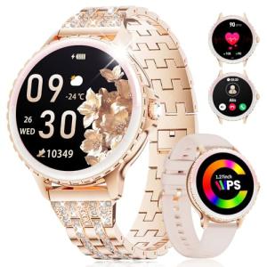 SUNKTA Smart Watch for Women (Answer/Make Call),1.27" Curved Display​ Smartwatch with Female Cycle/Sleep Monitor,5ATM Waterproof Fitness Tracker 100 Sport Modes Pedometer for Android/iOS,Gold Diamond