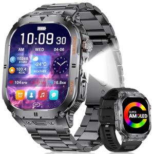 SUNKTA Military Smart Watch for Men,2.13''AMOLED/430mAh Battery Smart Watches with LED Flashlight for Android iOS (Bluetooth Call Answer/Calls) Fitness Tracker with Heart Rate/Sleep Tracking Black