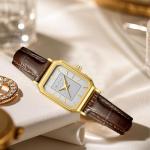 RioFoior Gold Watches for Women-Rectangular Case Minimalist Dial,Comfortable Leather Strap,Water Resistant（White-Brown）