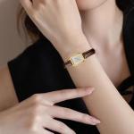 RioFoior Gold Watches for Women-Rectangular Case Minimalist Dial,Comfortable Leather Strap,Water Resistant（White-Brown）