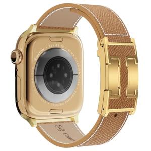 Leather Band Compatible with Apple Watch 49mm46mm45mm44mm42mm41mm 40mm38mm,Stylish Magnetic H Buckle Strap for iWatch Ultra 2/1/SE/Series 10/9/8/7/6/5/4/3/2/1 Women Men (Brown Band+Gold H Buckle, 38mm40mm41mm42mm)