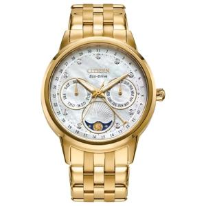 Citizen Women's Eco-Drive Calendrier, Moon Phase Diamond Accents Dial, Gold-Tone Stainless Case and Bracelet Watch (Model: FD0002-57D)