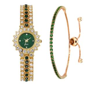 CdyBox Women Steel Belt with Diamonds Watch Quartz Bracelet Watch Set Dress Wristwatches Elegant (Green)