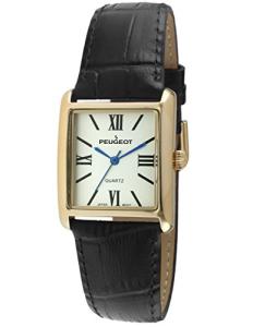 Peugeot Women's 14K Gold Plated Tank Leather Dress Watch with Roman Numerals Dial, Black