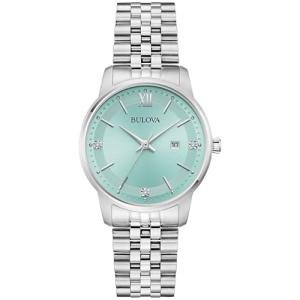 Bulova Ladies Quartz Dress Classic Watch, Silver-Tone Stainless Steel Bracelet, Aqua Dial, Calendar Style: 96P259