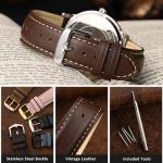 WOCCI 20mm Vintage Leather Watch Band for Men and Women, Silver Buckle (Dark Brown/Contrasting Stitch)