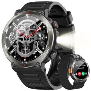 IOWODO Military Smart Watch for Men (Answer/Dial Calls), 1.45" Fitness Tracker with 100-Day Battery/Flashlight/Compass/Heart Rate/120+ Sports Modes IP68 Waterproof Smartwatch for iOS Android(2 Straps)