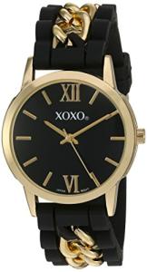 XOXO Women's Gold-Tone Quartz Watch with Black Silicone Strap, Elegant Gold Chain Links, Roman Numeral Dial, Analog Display, Stylish Fashion Accessory, Fits Wrists 5.5" to 8"