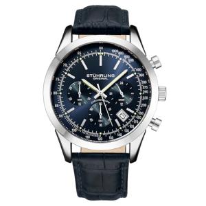 Stuhrling Original Mens Watches Chronograph Analog Blue Dial with Date - Tachymeter 24-Hour Subdial Mens Blue Leather Strap - Watches for Men Rialto Collection