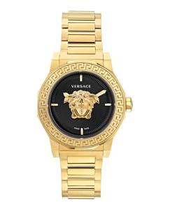Versace Medusa Deco Collection Luxury Womens Watch Timepieces with a Gold Bracelet and Case Featuring a Black Dial