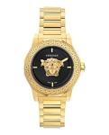 Versace Medusa Deco Collection Luxury Womens Watch Timepieces with a Gold Bracelet and Case Featuring a Black Dial