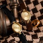 CARLIEN Womens Fashion Small Gold Oval Quartz Watches Vintage Leather Band Waterproof Luxury Casual Ladies Bracelet Wrist Watch Brown Black (Brown)