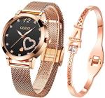 OLEVS Watch for Women Gifts Set Rose Gold and Eiffel Tower Bracelet Set Analog Quartz Wrist Watches for Lady Waterproof with Heart Love Shape Diamonds Black Dial Two Tone