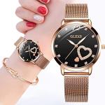 OLEVS Watch for Women Gifts Set Rose Gold and Eiffel Tower Bracelet Set Analog Quartz Wrist Watches for Lady Waterproof with Heart Love Shape Diamonds Black Dial Two Tone