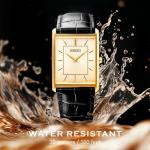 SEIKO SWR052 Watch for Men - Essentials - Water Resistant with Gold-Tone Stainless Steel Rectangular Case, White Dial with Roman Numerals, and Black Leather Strap