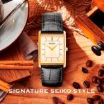 SEIKO SWR052 Watch for Men - Essentials - Water Resistant with Gold-Tone Stainless Steel Rectangular Case, White Dial with Roman Numerals, and Black Leather Strap