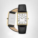 SEIKO SWR052 Watch for Men - Essentials - Water Resistant with Gold-Tone Stainless Steel Rectangular Case, White Dial with Roman Numerals, and Black Leather Strap