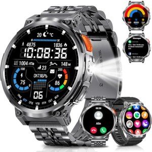 PODOEIL 1.85" Big Screen Military Smart Watch for Men with Flashlight, 730mAh Large Battery, IP68 Waterproof, Bluetooth Calling, 114 Sports Modes, Heart Rate/Sleep Monitor for iOS Android