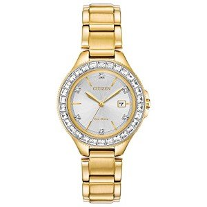 Citizen Women's Eco-Drive Dress Classic Crystal Watch in Gold-tone Stainless Steel, Silver Dial (Model: FE1192-58A)
