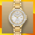 Citizen Women's Eco-Drive Dress Classic Crystal Watch in Gold-tone Stainless Steel, Silver Dial (Model: FE1192-58A)