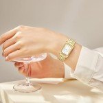 HOLSTOUR Watches for Women Vintage Bracelet White Roman Dial Rectangular Case Gold Watch Waterproof with Tools